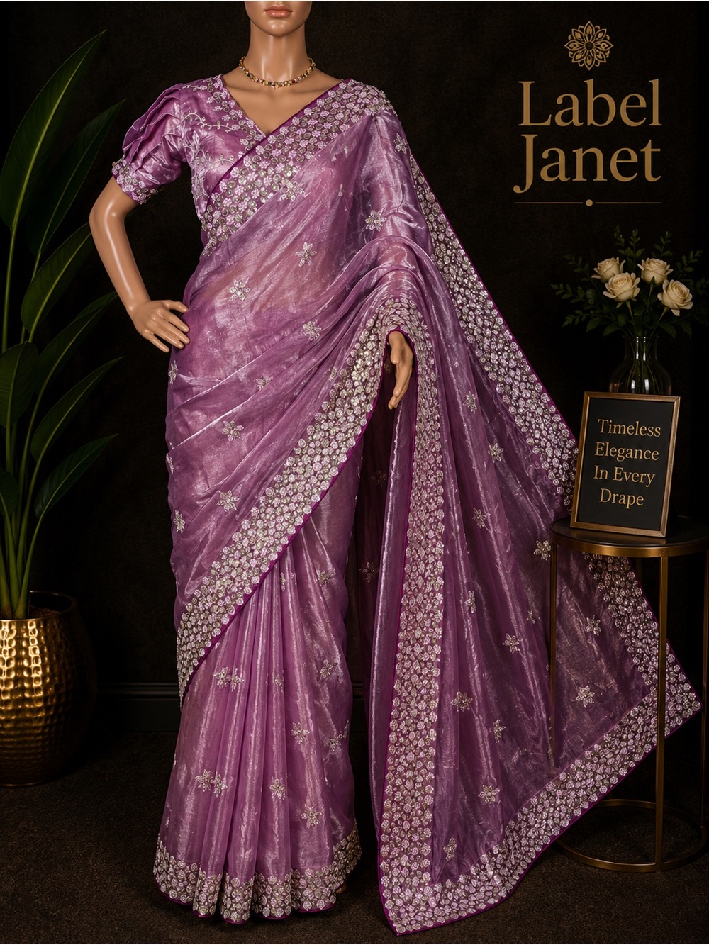 Embroidered Mauve Silk Saree with Silver Motifs & stitched blouse (Brand New)